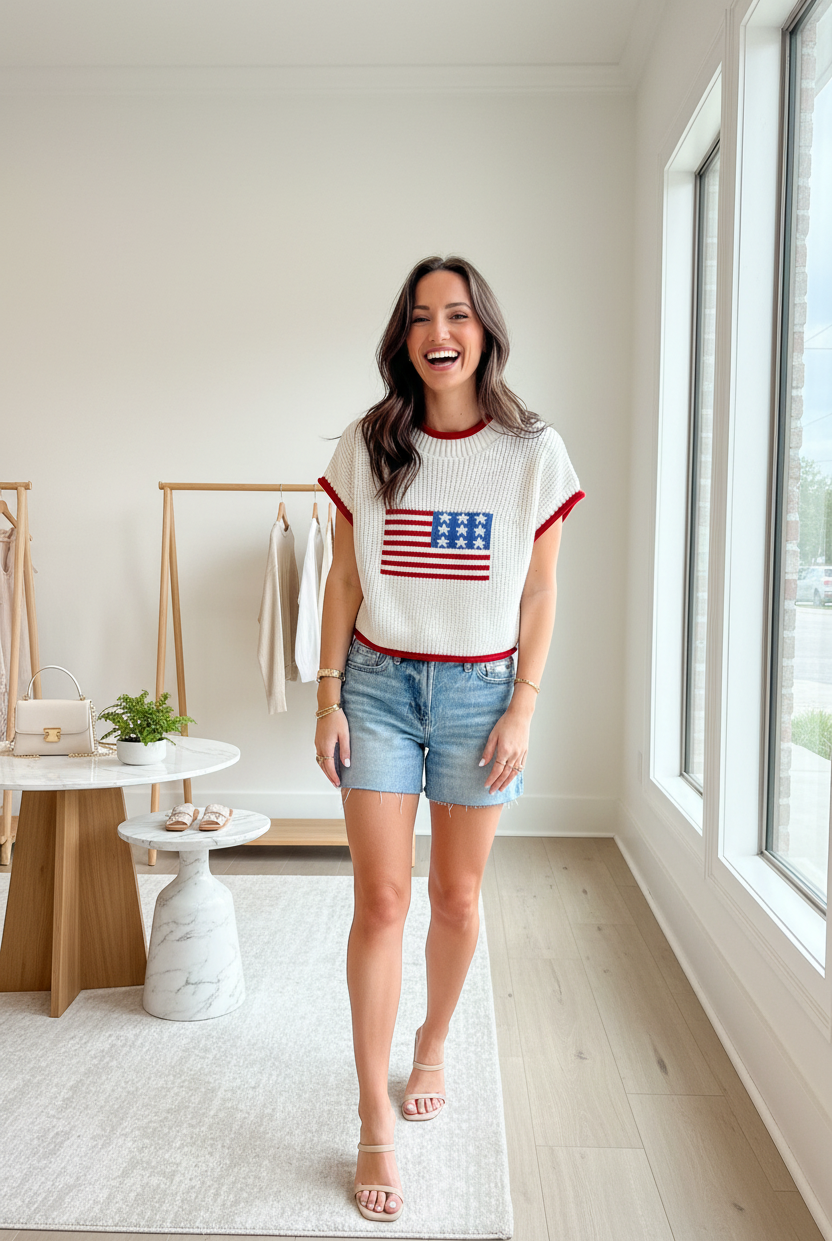 Boxy, slightly cropped short-sleeve knit sweater in white, featuring a bold American flag pattern. Made from a soft, stretchy blend of acrylic and cotton for comfortable summer wea
