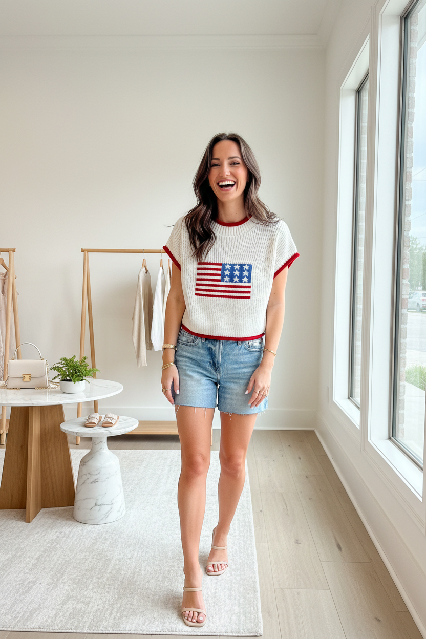 Boxy, slightly cropped short-sleeve knit sweater in white, featuring a bold American flag pattern. Made from a soft, stretchy blend of acrylic and cotton for comfortable summer wea