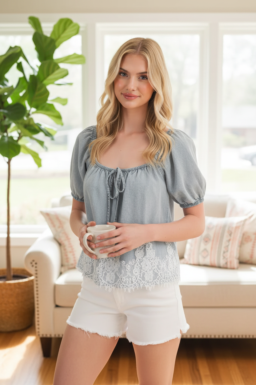 Lace denim top in front of window - front tie detail