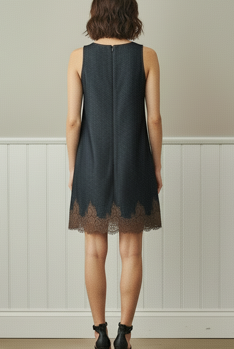 Women’s dark wash denim mini dress with lace hem trim by Able from Thread Bar Boutique