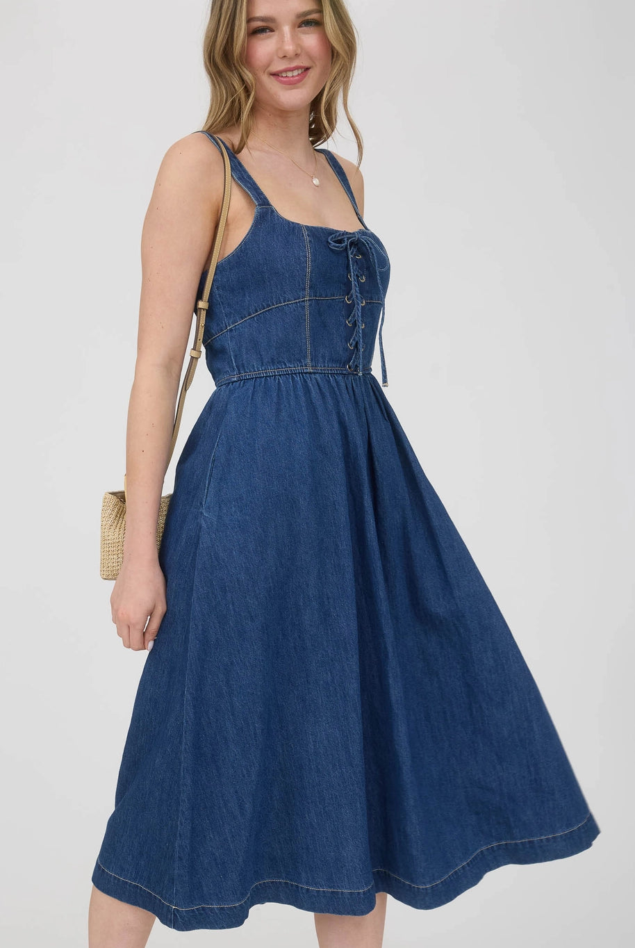 dark denim lace up midi dress for woman from Thread Bar Boutique