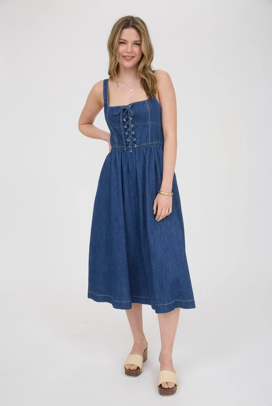 dark denim lace up midi dress for woman from Thread Bar Boutique