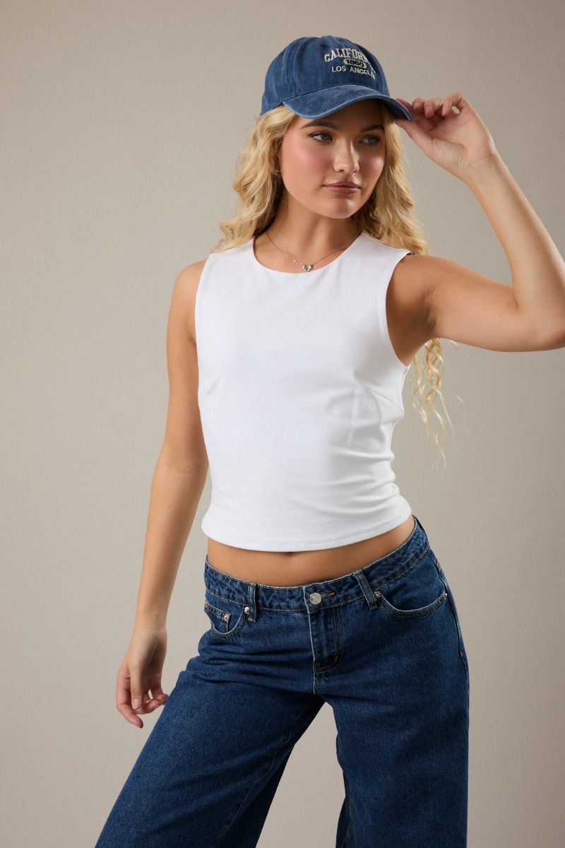 White double lined sleeveless tank top in stretch cotton with round neckline
