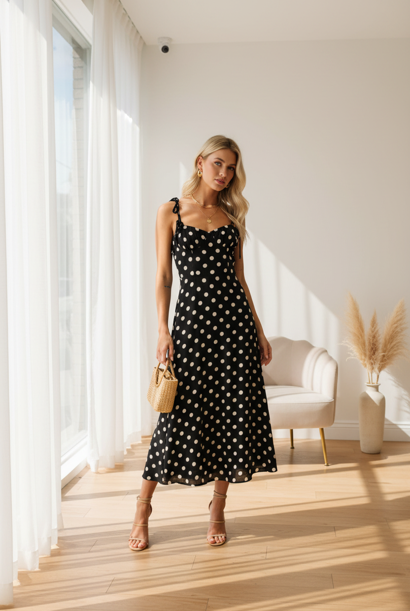 Flowy maxi dress with classic polka dot print and fitted bodice. Thread Bar Boutique