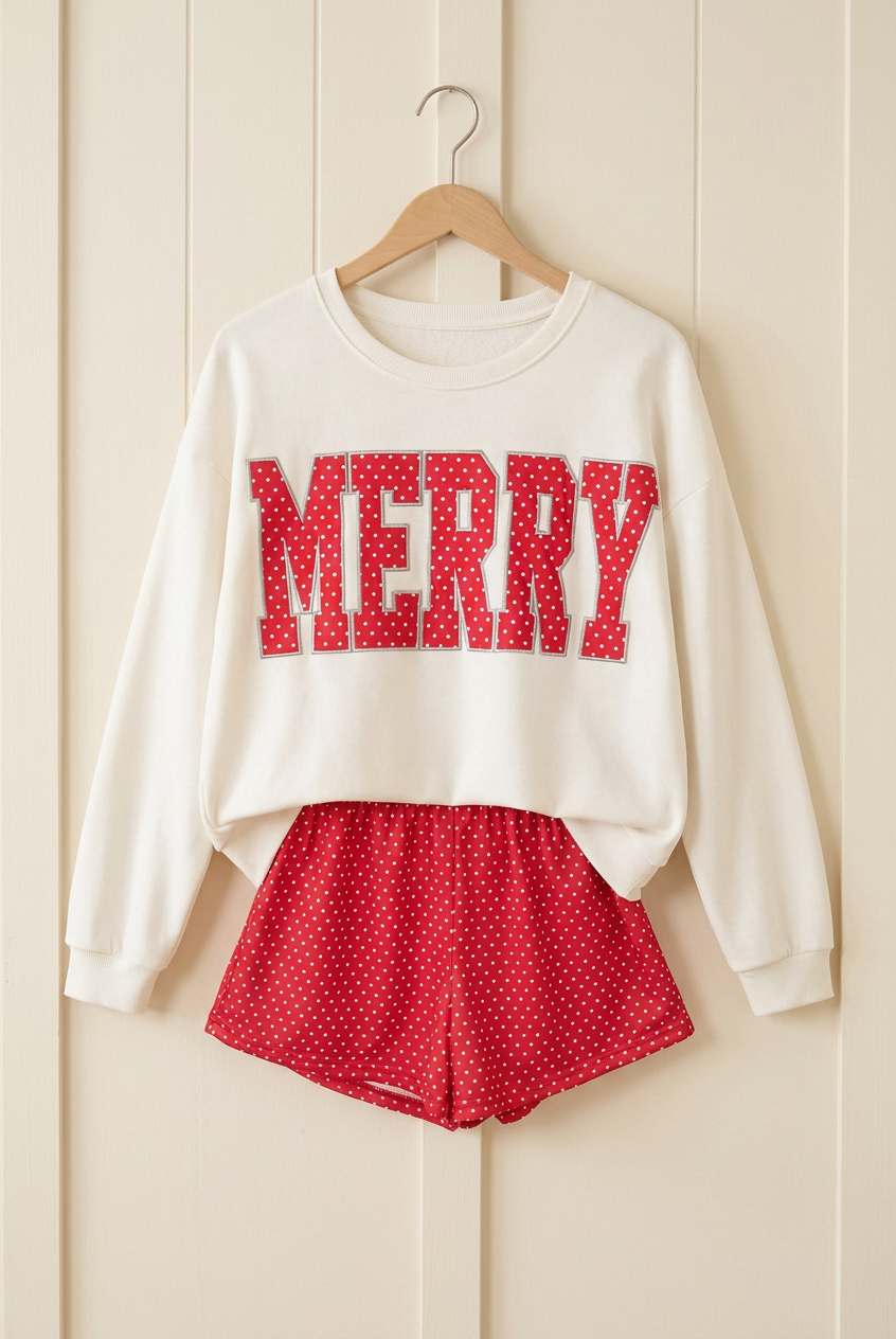 MERRY sweatshirt and shorts hanging product photo