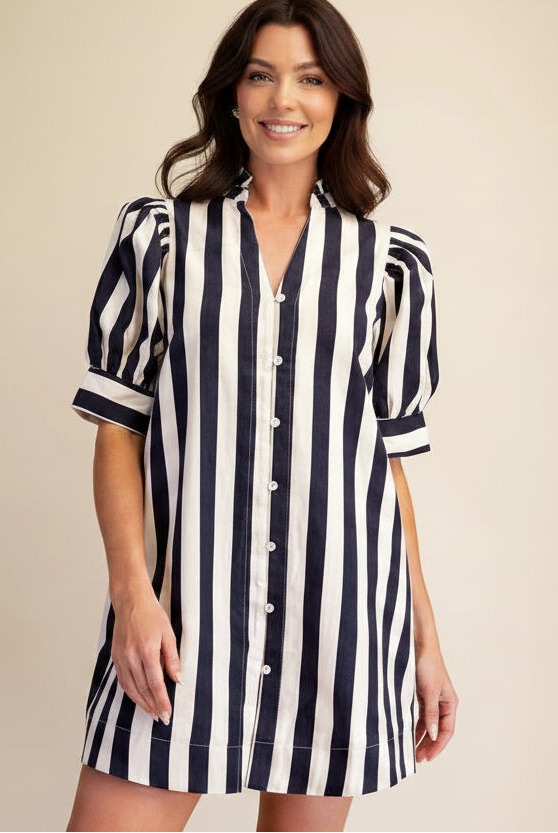 Striped puff sleeve mini dress with ruffle neckline and button-down front from Thread Bar Boutique