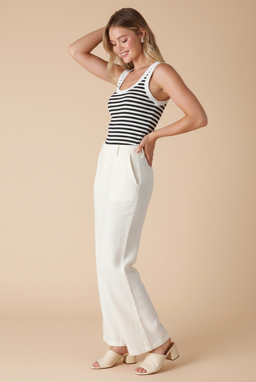Nikibiki white black striped ribbed tank top - crew neck reversed with wide-leg trousers