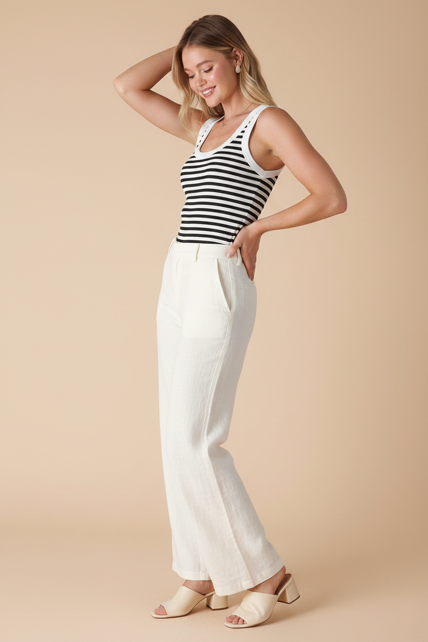 Nikibiki white black striped ribbed tank top - crew neck reversed with wide-leg trousers