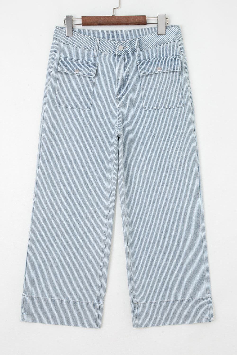 Light wash wide leg jeans with vertical stripe design and soft denim fabric