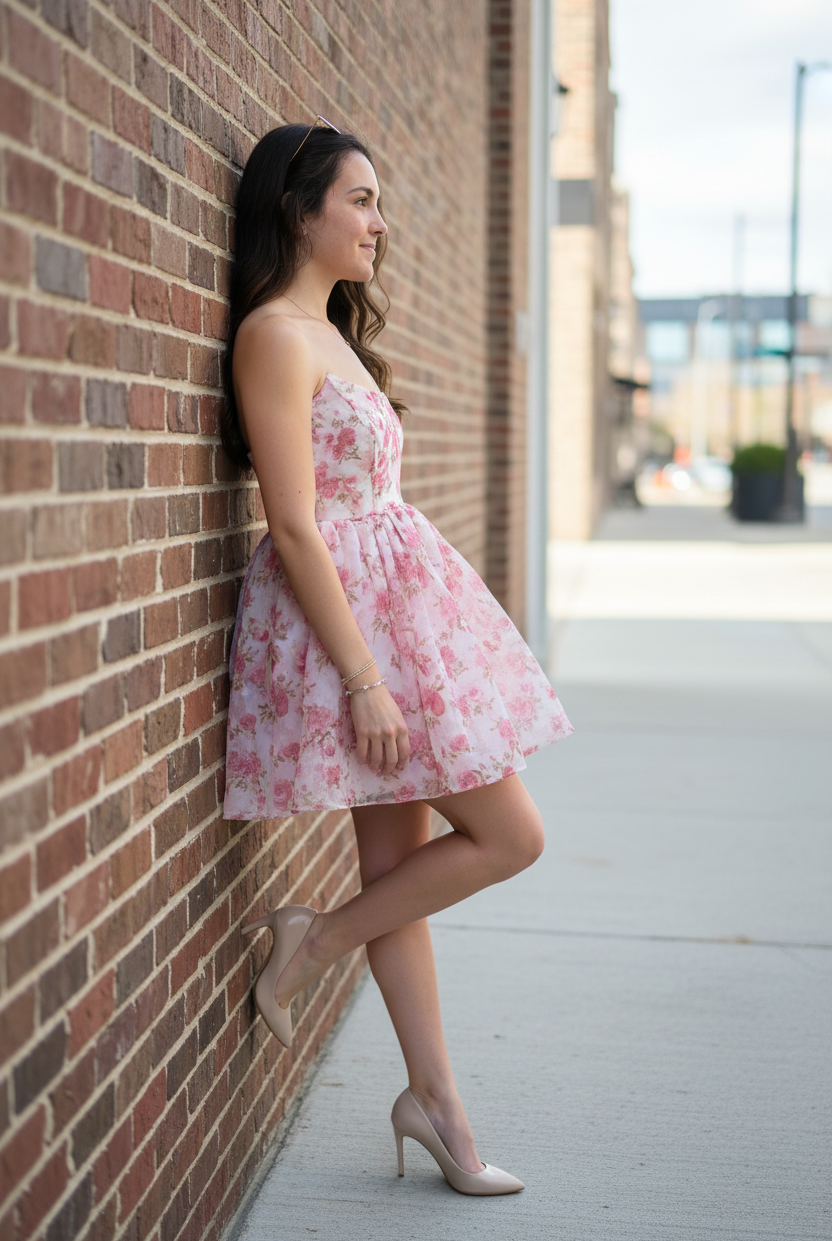 Pink floral dress - no watch side against wall