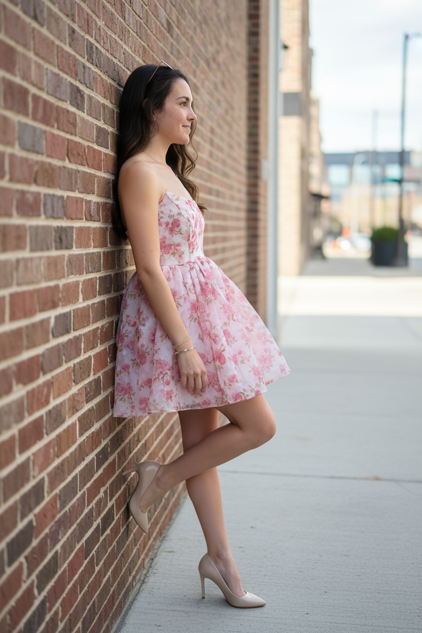 Pink floral dress - no watch side against wall