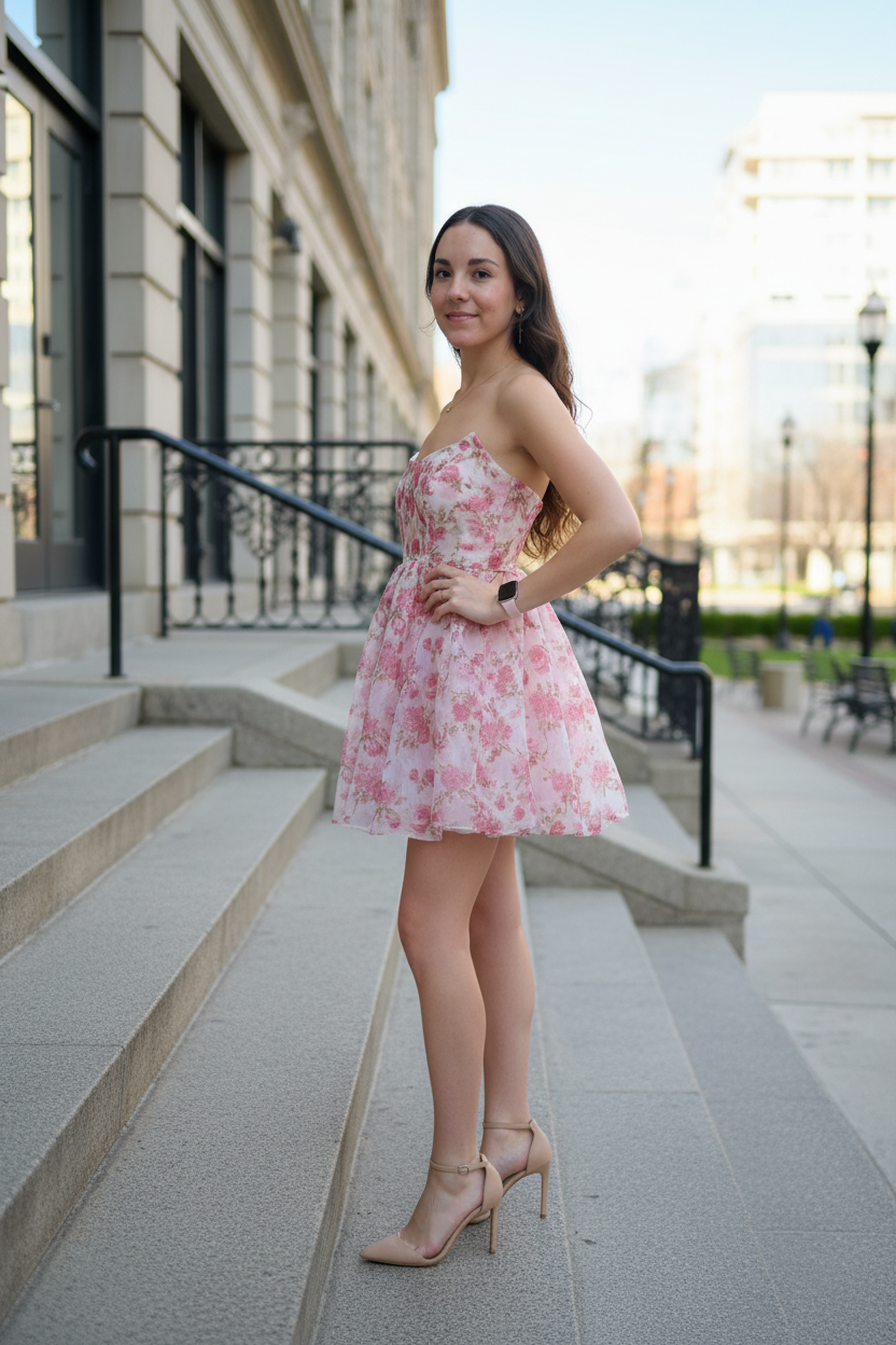 Pink floral dress - no watch side on steps