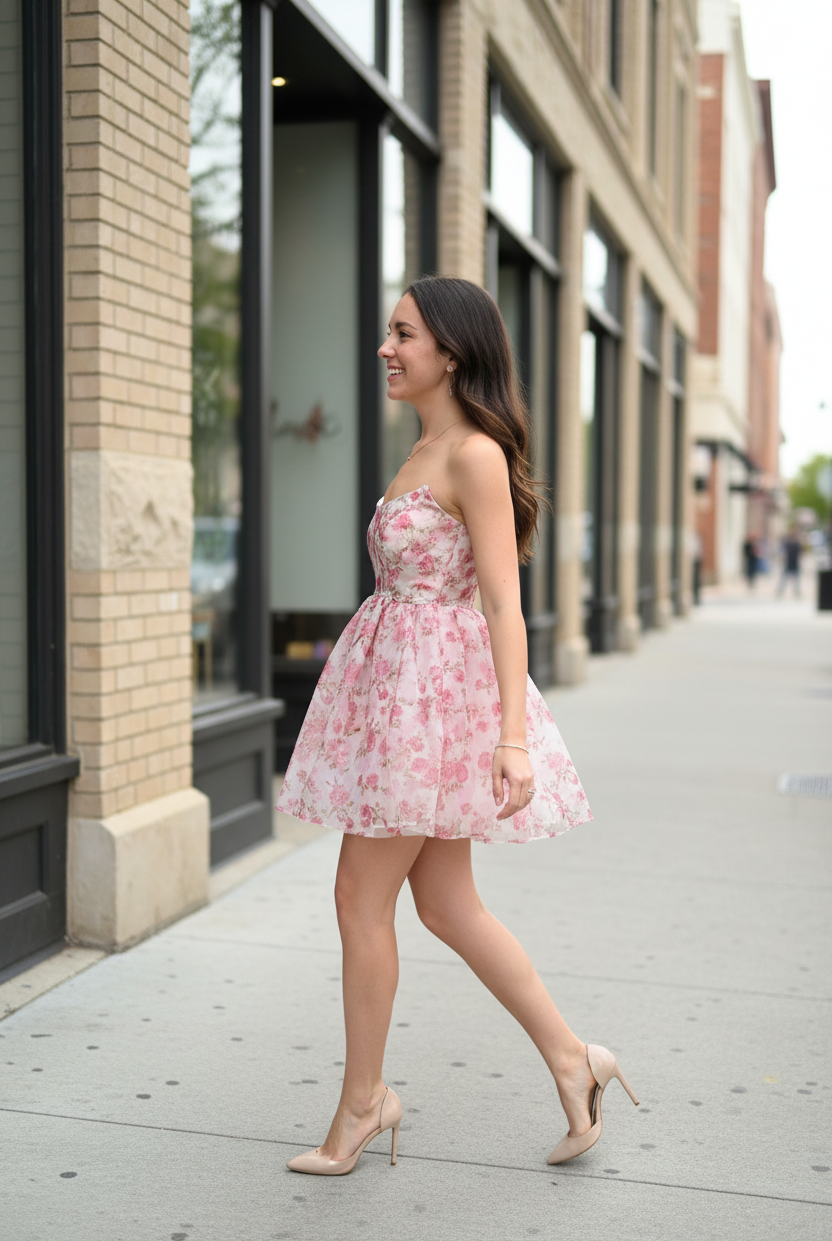 Pink floral dress - no watch side walking