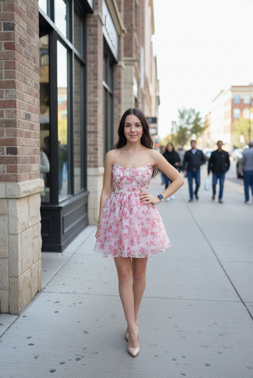 Pink floral dress urban - front view on street