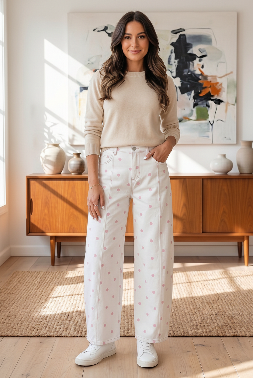 pink polka dot barrel jeans