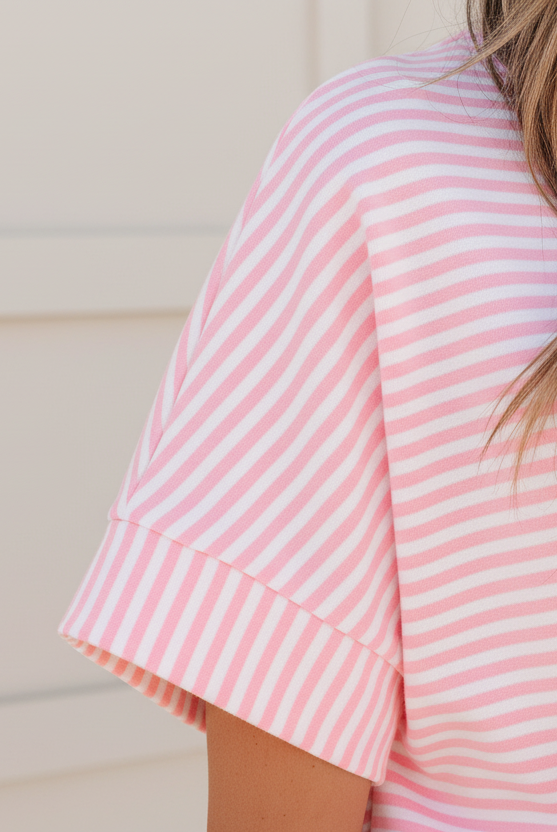 Pink stripe casual two-piece set for women with relaxed tee and shorts from Thread Bar Boutique