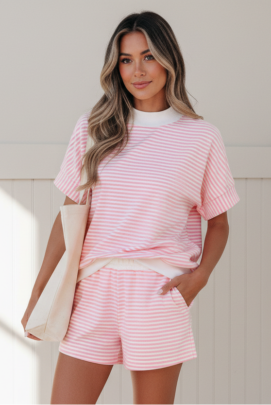 Pink striped mock neck tee and shorts set for women from Thread Bar Boutique