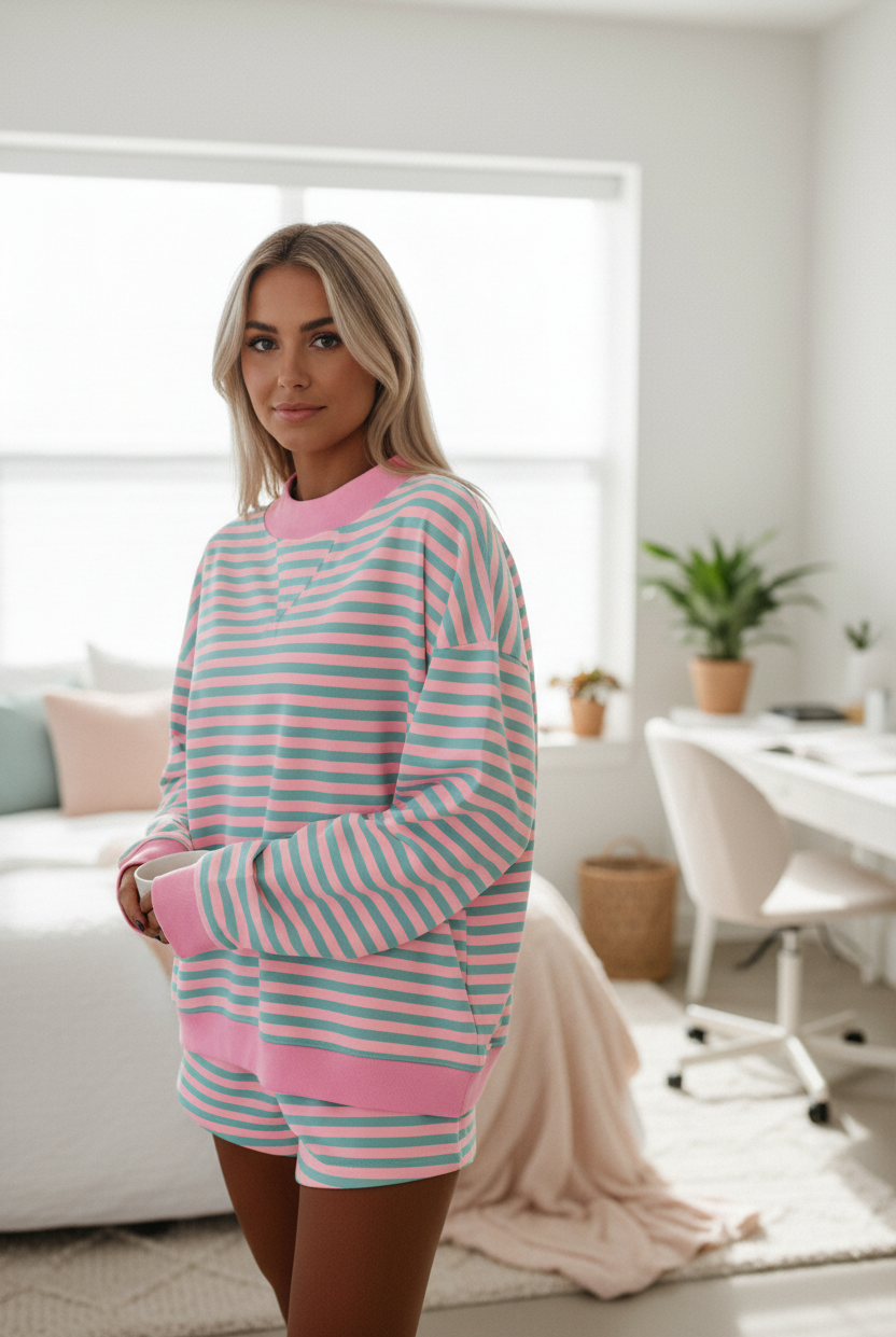 Pink and blue striped athleisure set with long sleeve crew neck sweatshirt and stretchy pull-on shorts