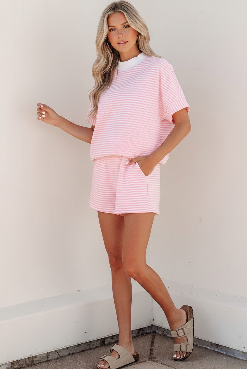 Full body shot of blonde model in pink and white stripe ribbed mock neck tee and shorts set leaning against wall, Thread Bar Boutique