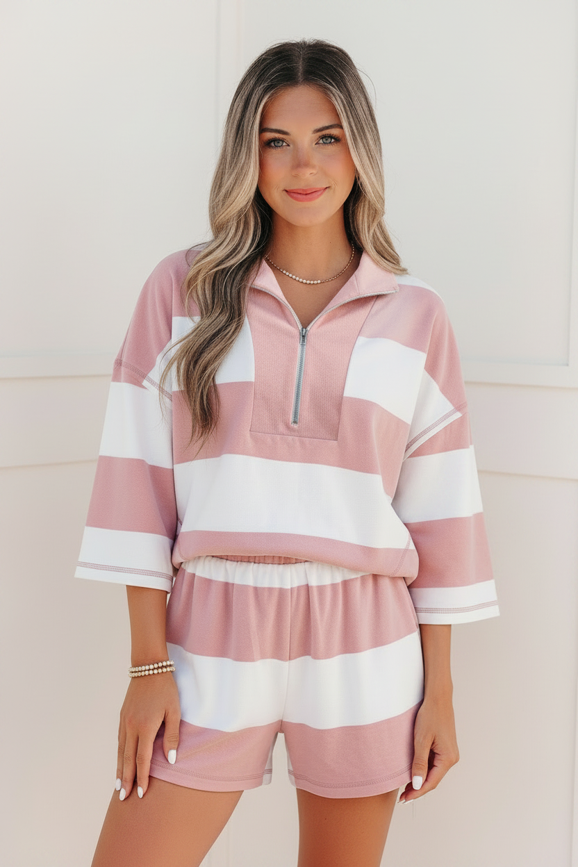 Pose 1Striped lounge set for women featuring a half-zip top and matching casual shorts in a soft cotton blend