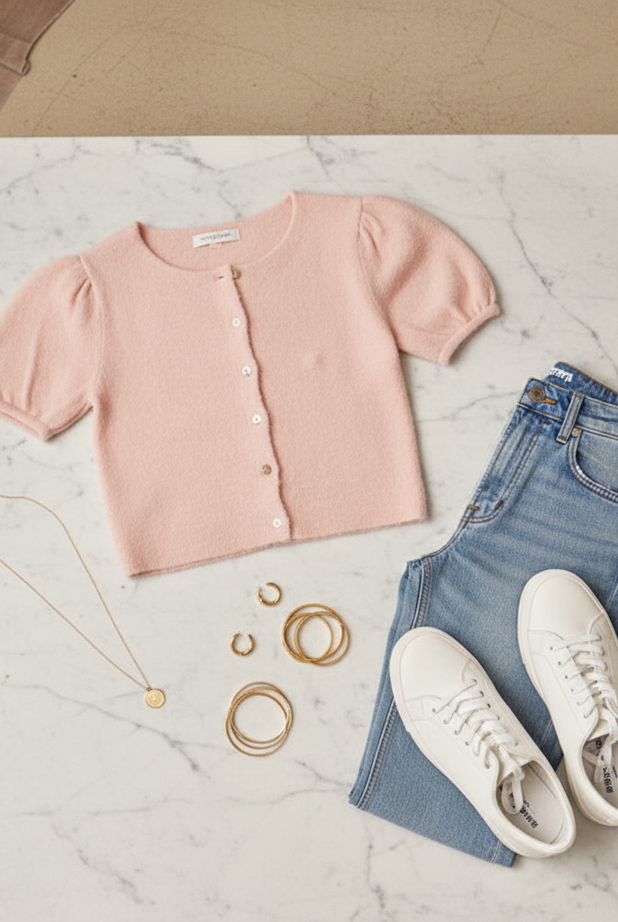 Chic pink puff sleeve sweater cardigan with short sleeves and comfortable knit fabric for layering fLat lay