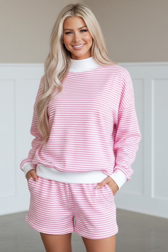 Pink striped oversized mock neck sweatshirt and matching shorts two-piece set