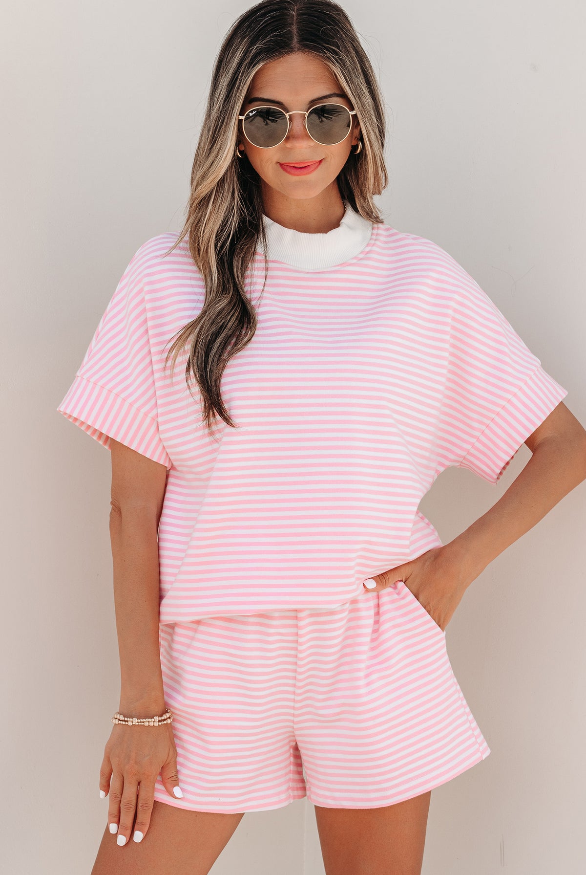 Pink striped mock neck tee and shorts set for women from Thread Bar Boutique