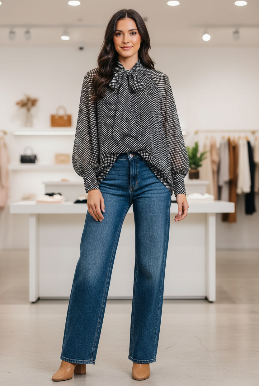 Umgee black and white polka dot sheer long sleeve blouse with self-tie neck bow and oversized balloon sleeves, styled with wide-leg dark wash jeans and tan block heels, women's boutique blouse at Thread Bar Boutique