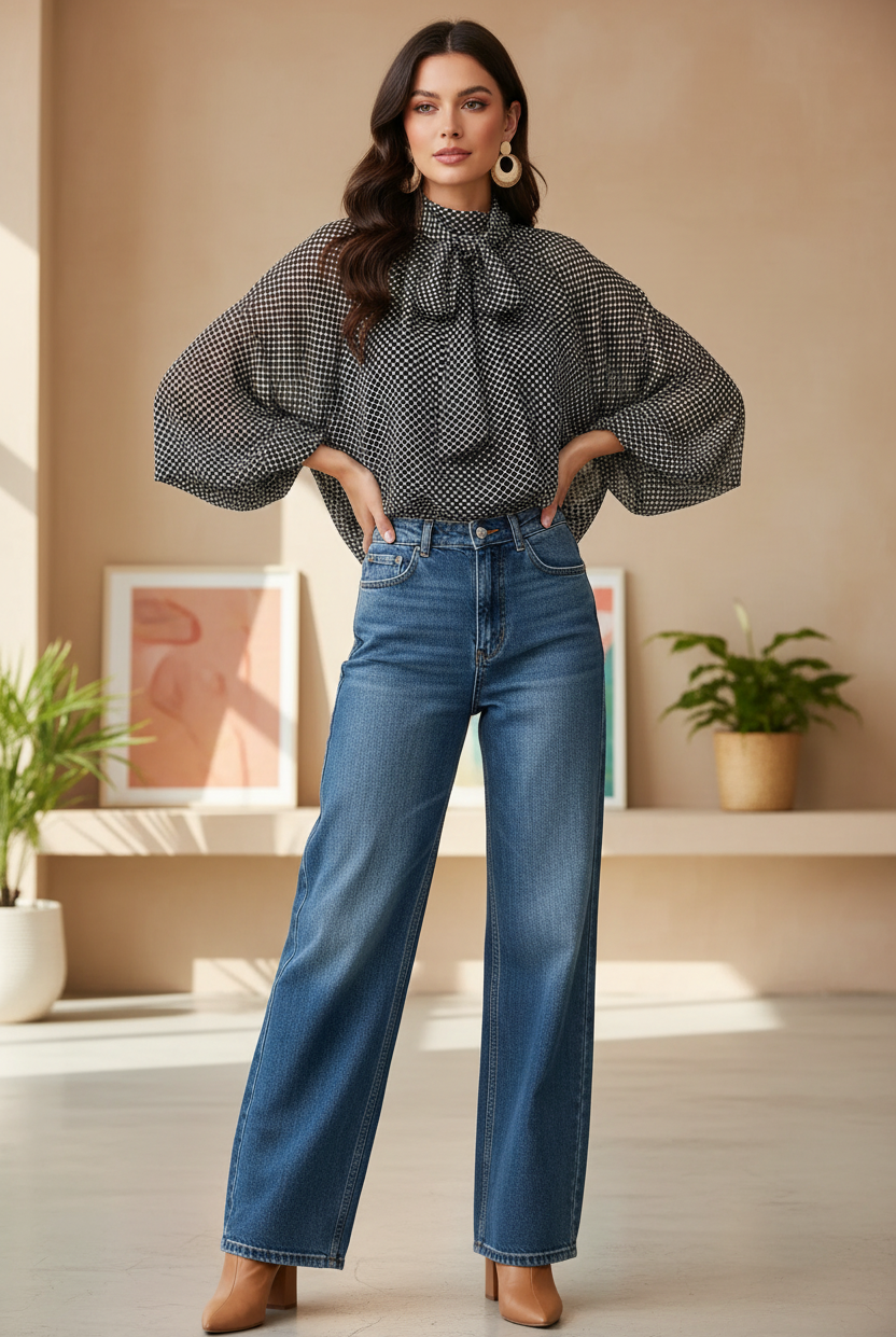 Umgee black polka dot tie neck long sleeve blouse with oversized balloon sleeves and self-tie bow, styled with wide-leg dark wash jeans and tan block heels, boutique women's top at Thread Bar Boutique