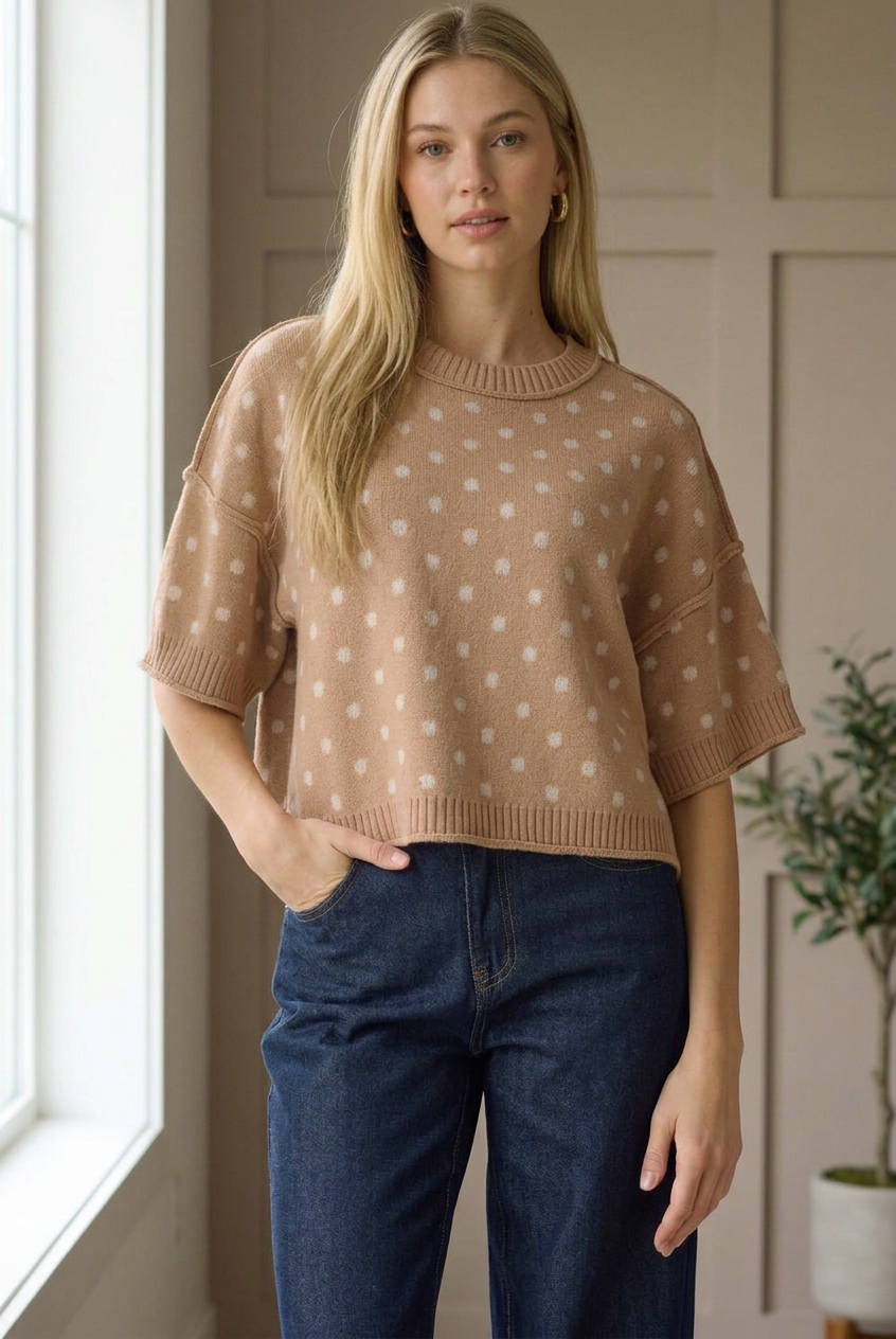 Camel polka dot short sleeve knit sweater top with ribbed crew neckline, drop shoulders, and a relaxed boxy fit, front view