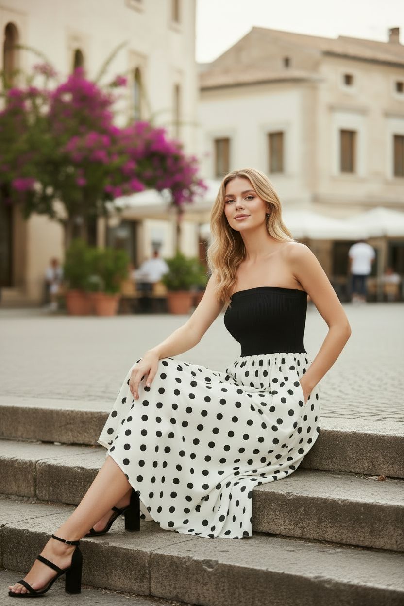 Strapless tube midi dress in a timeless polka dot print, designed with a fitted bodice, comfortable stretch fabric, and functional pockets for an effortless chic look