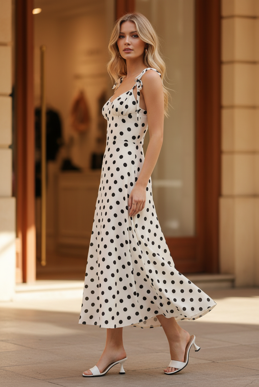 Women’s cream polka dot maxi dress styled for garden party Thread Bar Boutique maxi dress