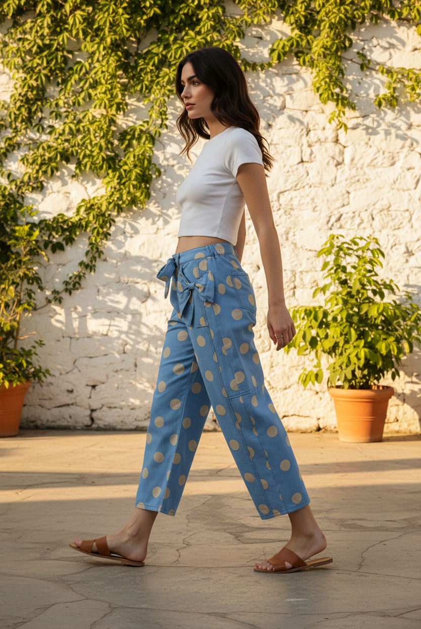 Sky blue wide-leg polka dot cropped jeans with bow detail, candid walking lifestyle shot showing relaxed fit and cream polka dot denim print