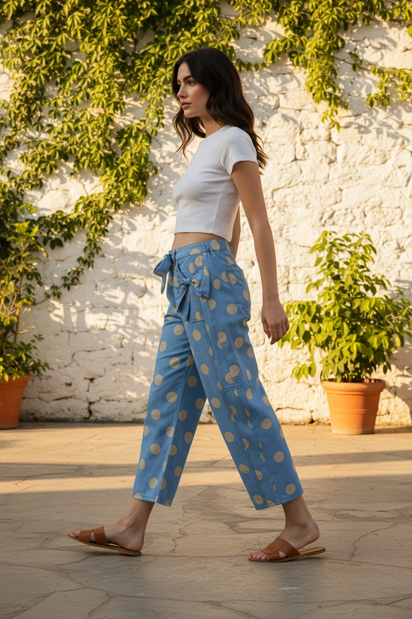 Sky blue wide-leg polka dot cropped jeans with bow detail, candid walking lifestyle shot showing relaxed fit and cream polka dot denim print