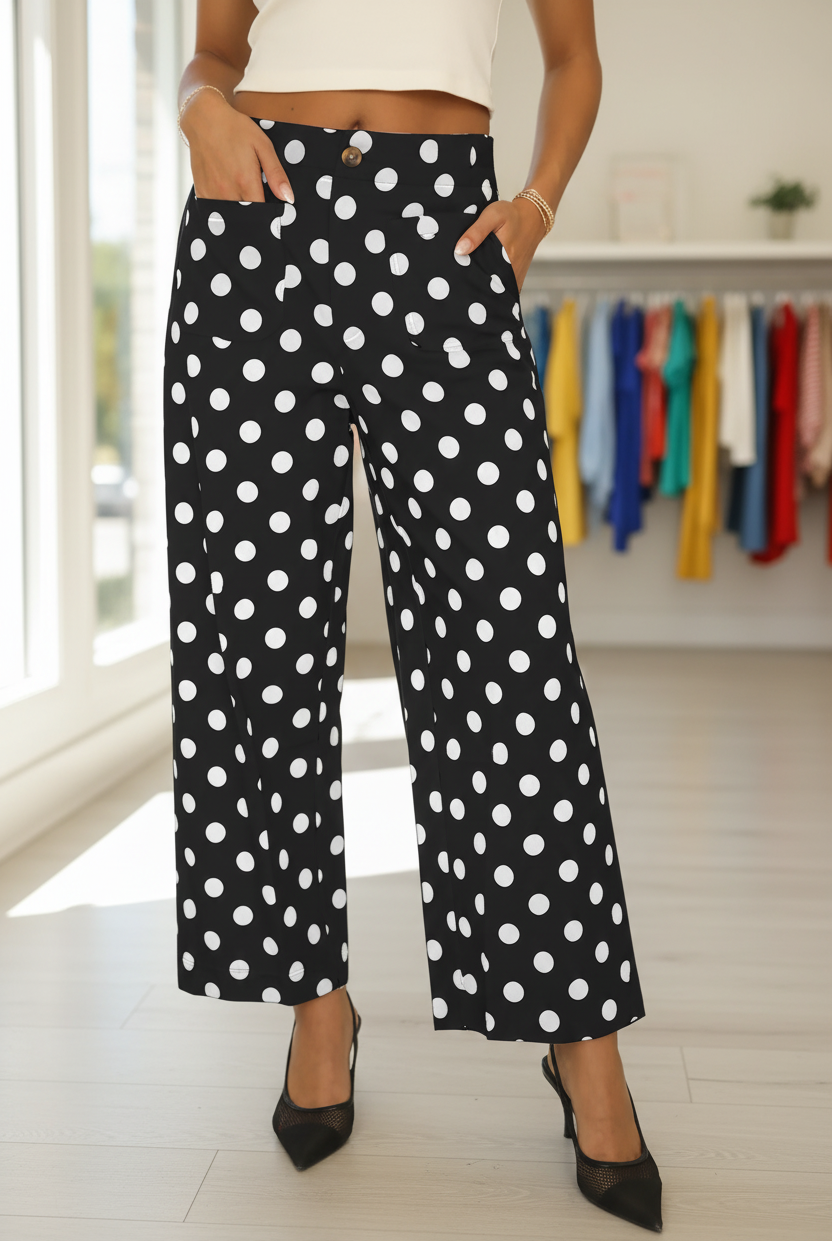 Black polka dot wide leg pants with high waist, elastic back waistband, and front pockets