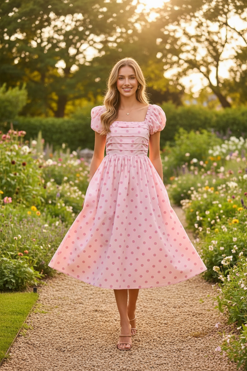 Vintage inspired polka dot midi dress with cinched waist and pleated skirt