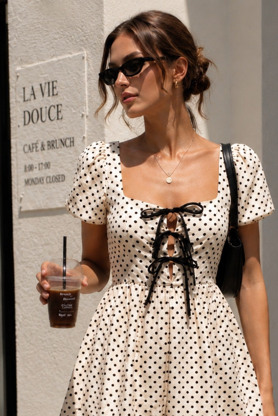 front tie polka dot romper dress puff sleves