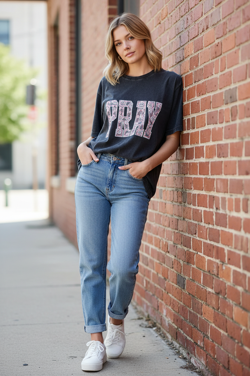 Zutter Pray graphic t-shirt from Thread Bar Boutique featuring white and pink puff print lettering, embroidered detail, and vintage charcoal wash cotton.