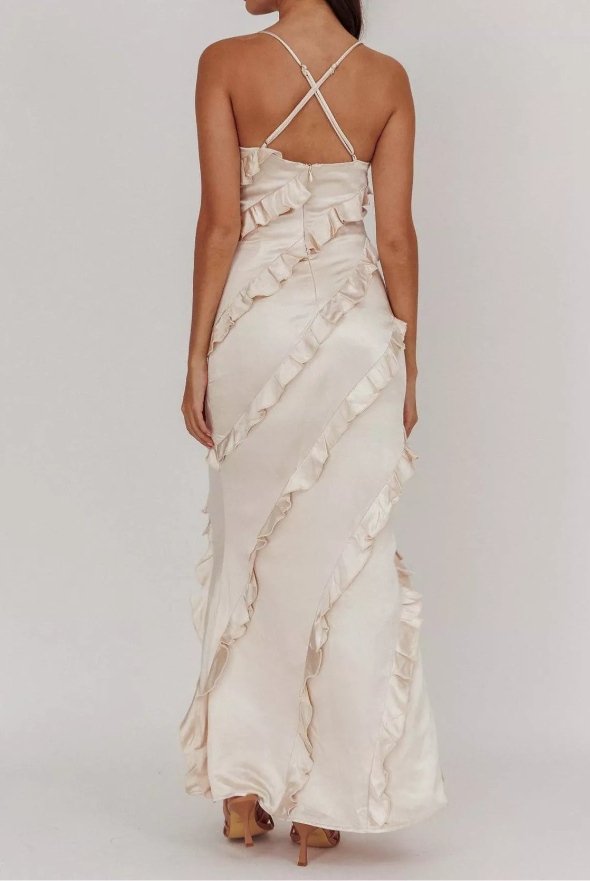 rear view Ruffled spaghetti strap maxi dress with flowy silhouette, lightweight fabric, and feminine drape