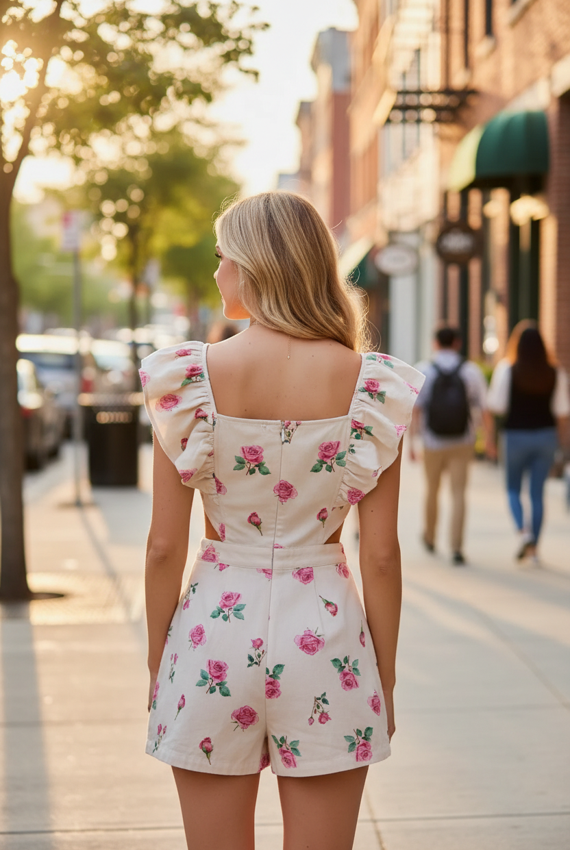 Lightweight cotton floral denim romper with cutout waist and feminine ruffle details