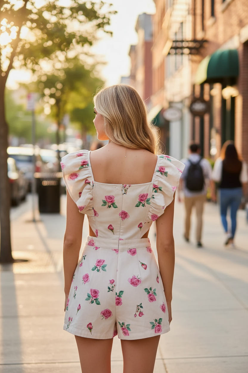 Lightweight cotton floral denim romper with cutout waist and feminine ruffle details