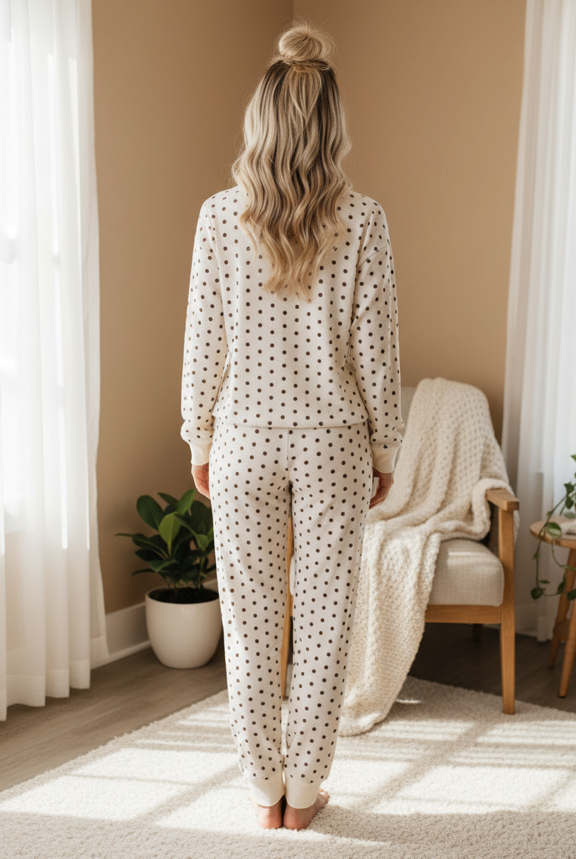 Back view of white polka dot waffle knit lounge set showing full length jogger pants and relaxed fit — Thread Bar Boutique