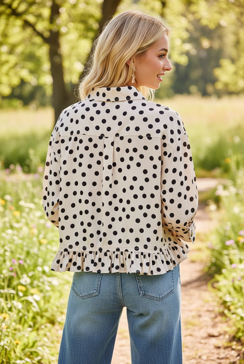 Back view of women's polka dot peplum top showing peplum hem detail in off white and black — Thread Bar Boutique