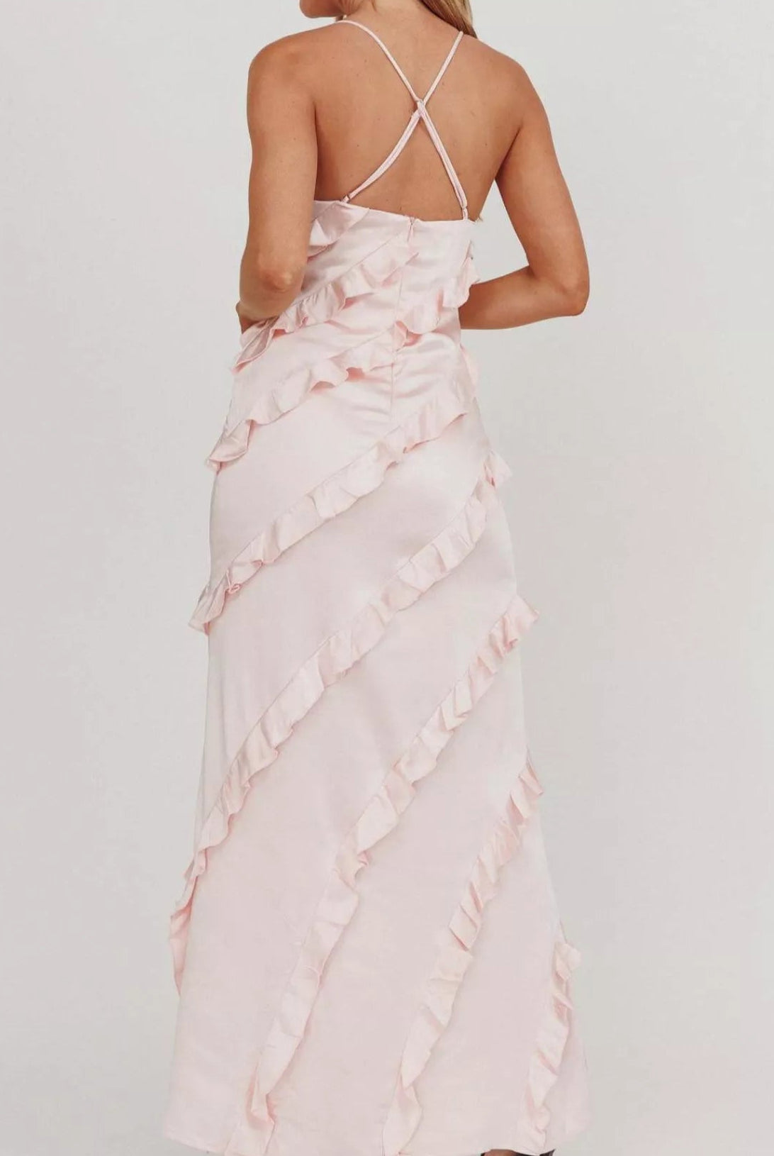Lightweight ruffled spaghetti strap maxi dress with sleek fit and breezy movement, perfect for day or evening wear