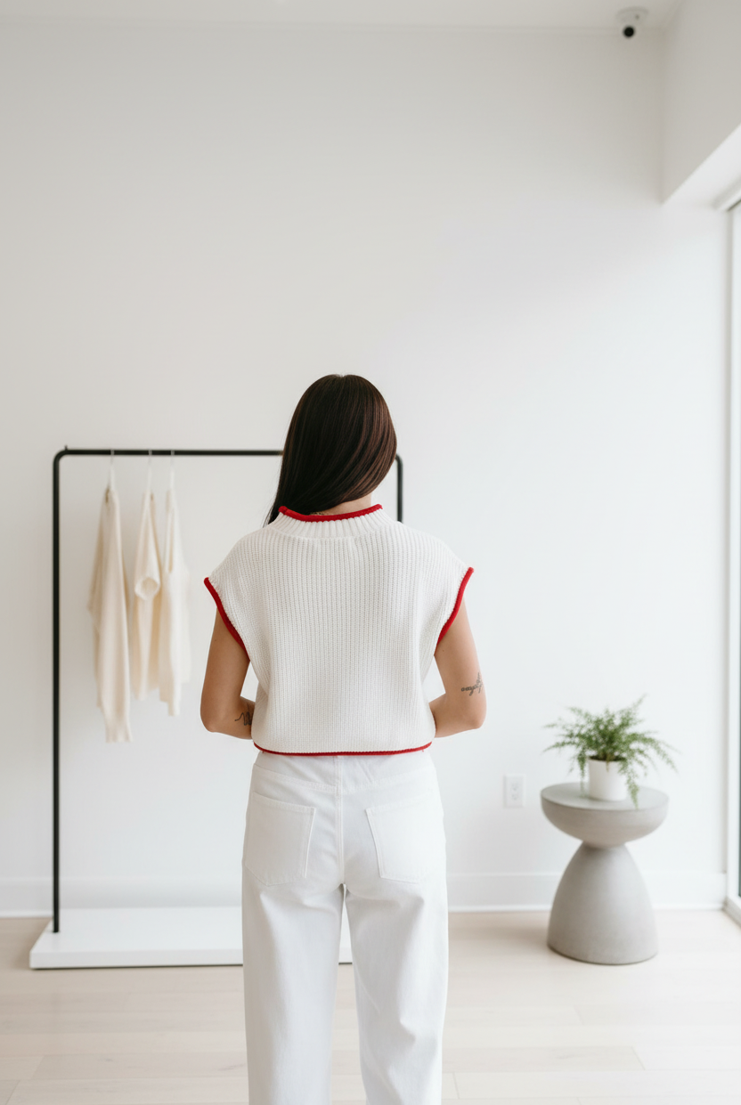 White cropped knit sweater with American flag print and short sleeves