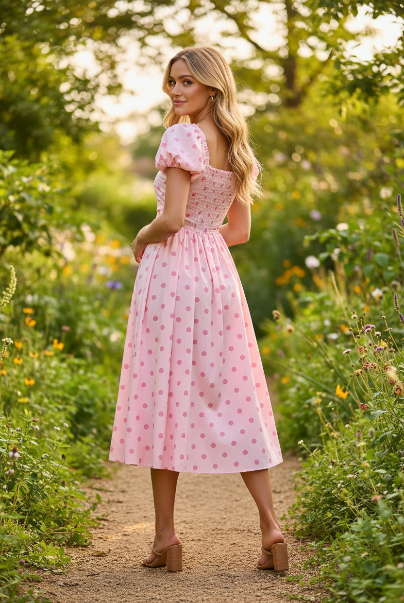 Pink polka dot cotton dress with pleated midi skirt and side pockets