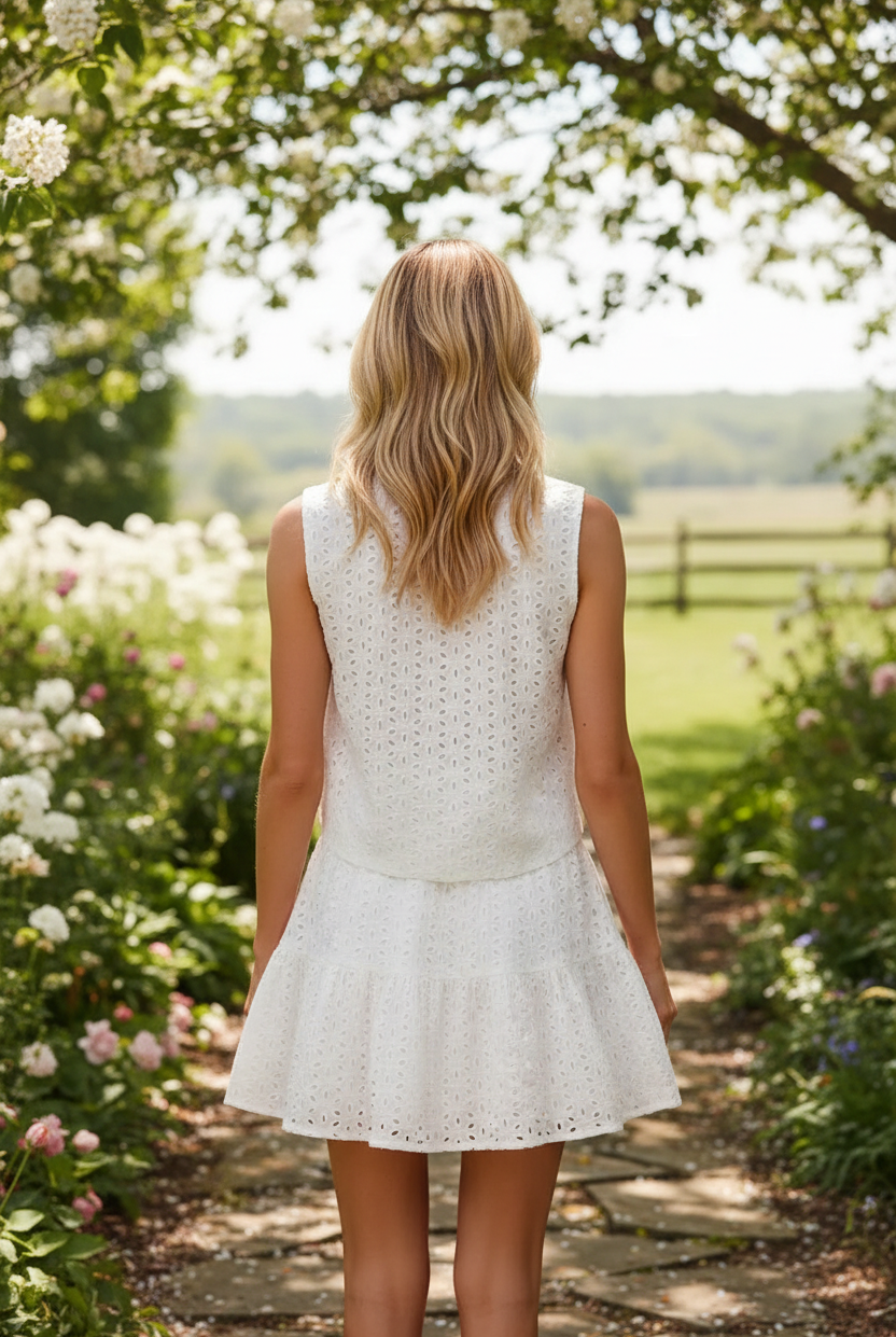 Romantic eyelet lace two-piece set from Thread Bar Boutique with tie-front vest and flirty tiered mini skirt for brunch or garden parties