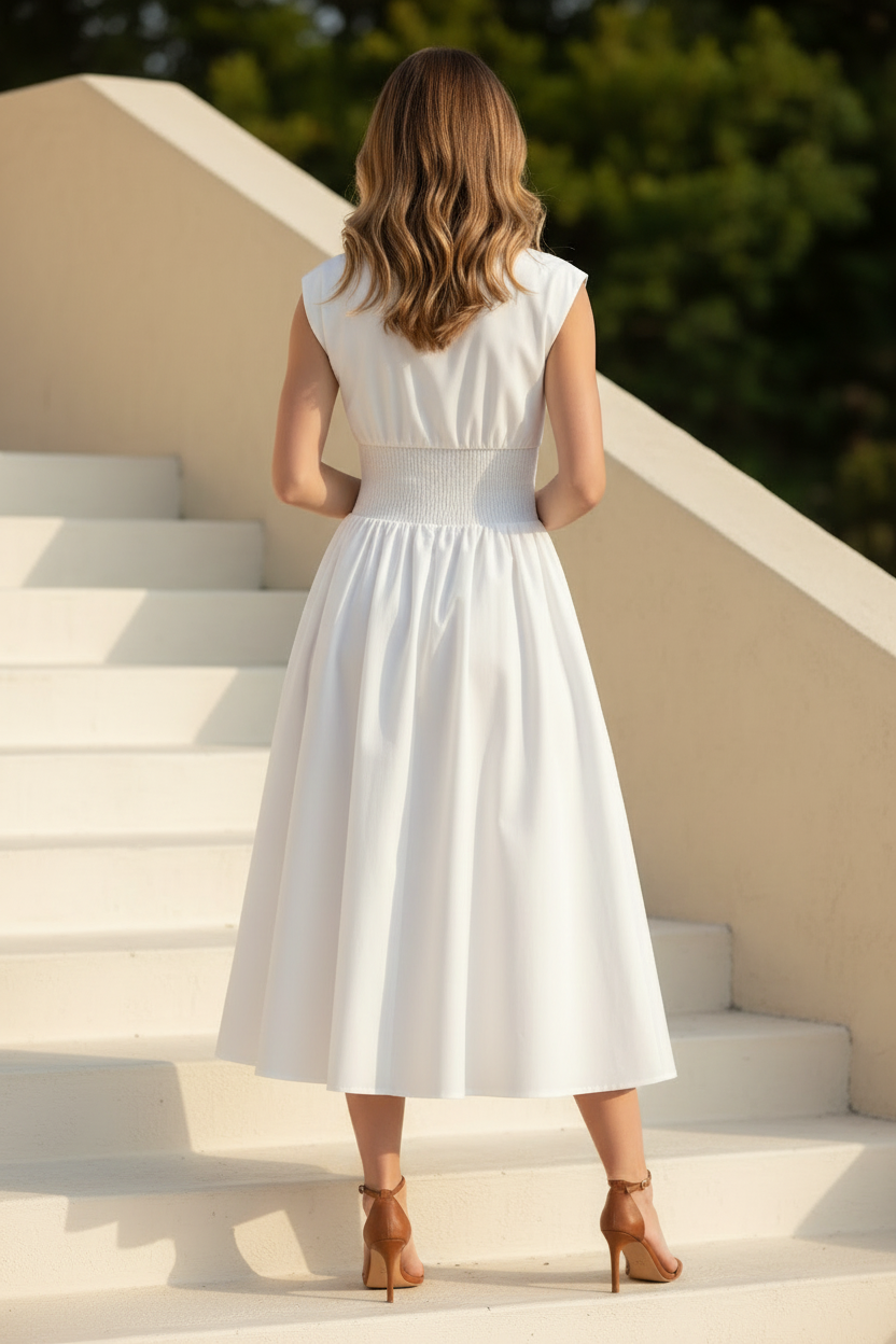 Back view of brunette model in white smocked waist zip front midi dress showing cinched waist and flowing A-line skirt, garden terrace staircase, boutique editorial lifestyle photo