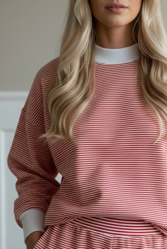 Red striped cotton blend sweatshirt and shorts set for casual spring style