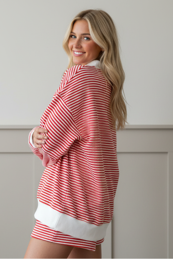 Women’s red striped sweatshirt and shorts set with relaxed oversized fit Stripe Set - 3/4 Angle